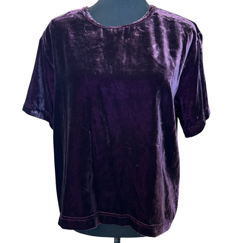 New ~ MELLODAY ~ Purple Short Sleeve Crew Neck Velvet T-Shirt Size Small